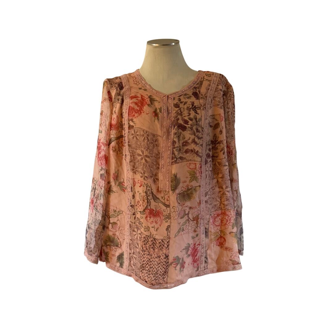 Pink Floral Patchwork Crochet 100% Silk Blouse Plus Size 3X Boho Lagenlook